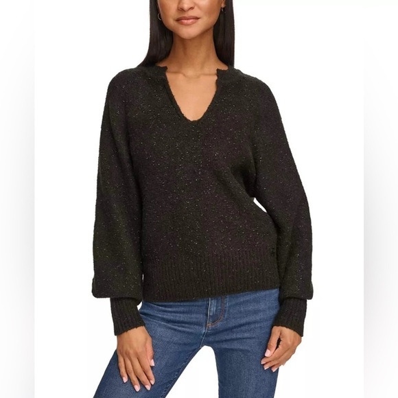 KARL LAGERFELD PARIS Metallic Split-Neck Sweater - Picture 1 of 8